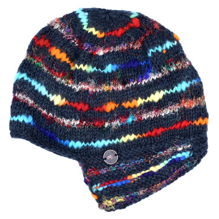 Pure Wool Half fleece lined - helmet hat - Black/Rainbow