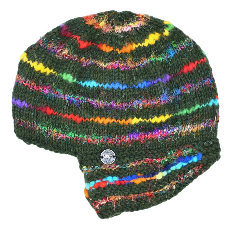 Pure Wool Half fleece lined - helmet hat - Dark Green/Rainbow