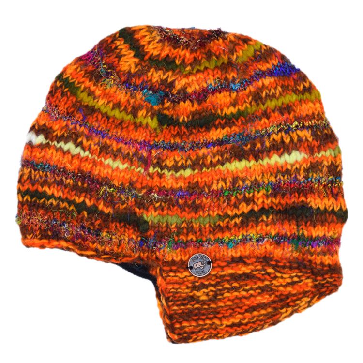 Pure Wool Half fleece lined - helmet hat - Orange/Rainbow