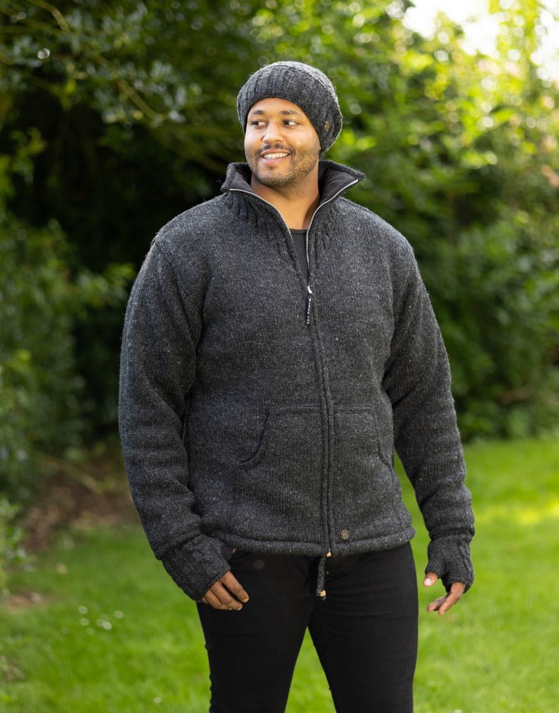 Fleece lined - pure wool - hooded jacket - Charcoal