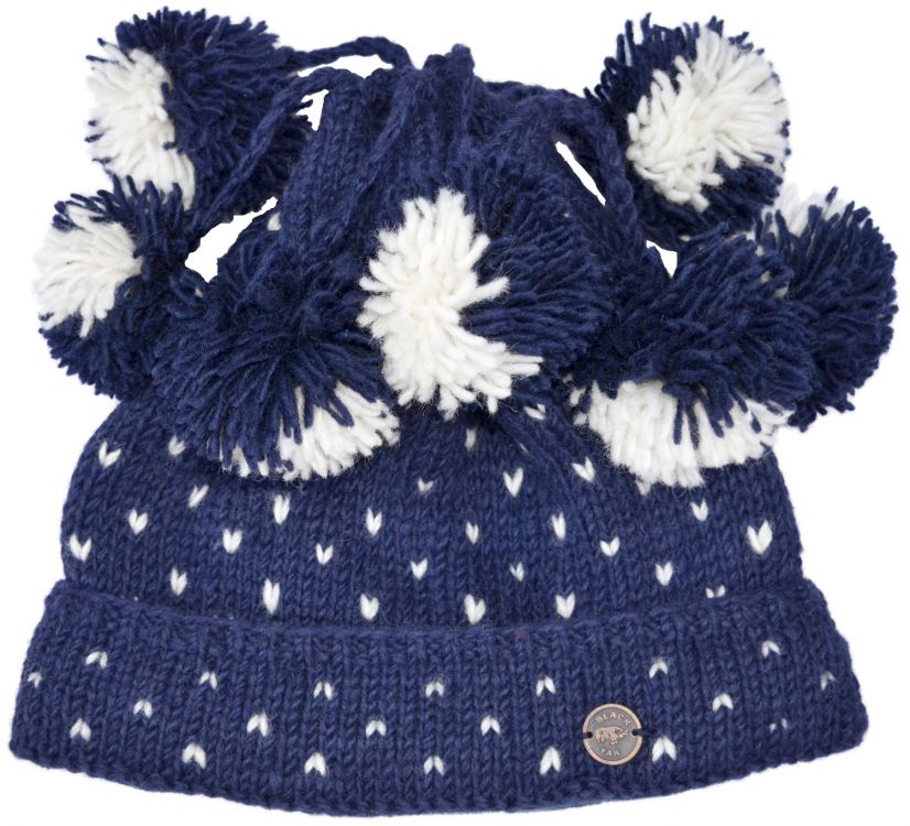 Seven bobble tick hat - pure wool - hand knitted - fleece lining - blue