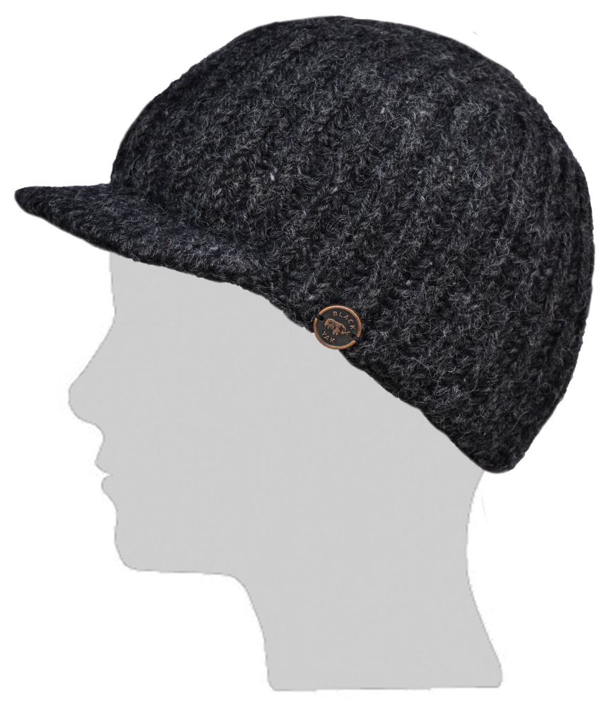 Ribbed peak hat pure wool hand knitted fleece lining charcoal
