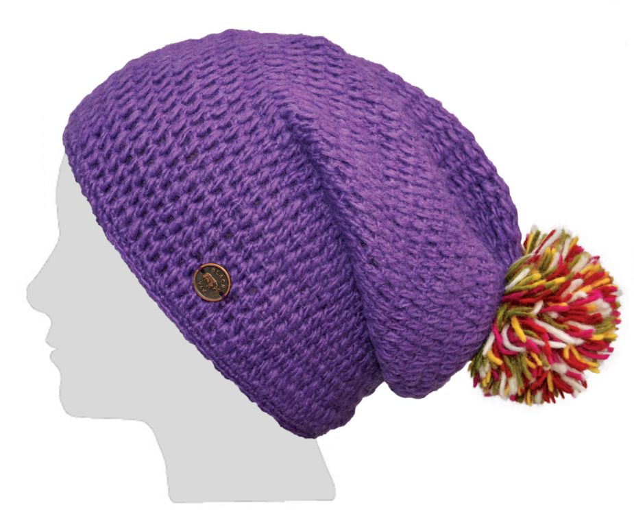 Pure Wool Hand crochet - bobble slouch hat - purple